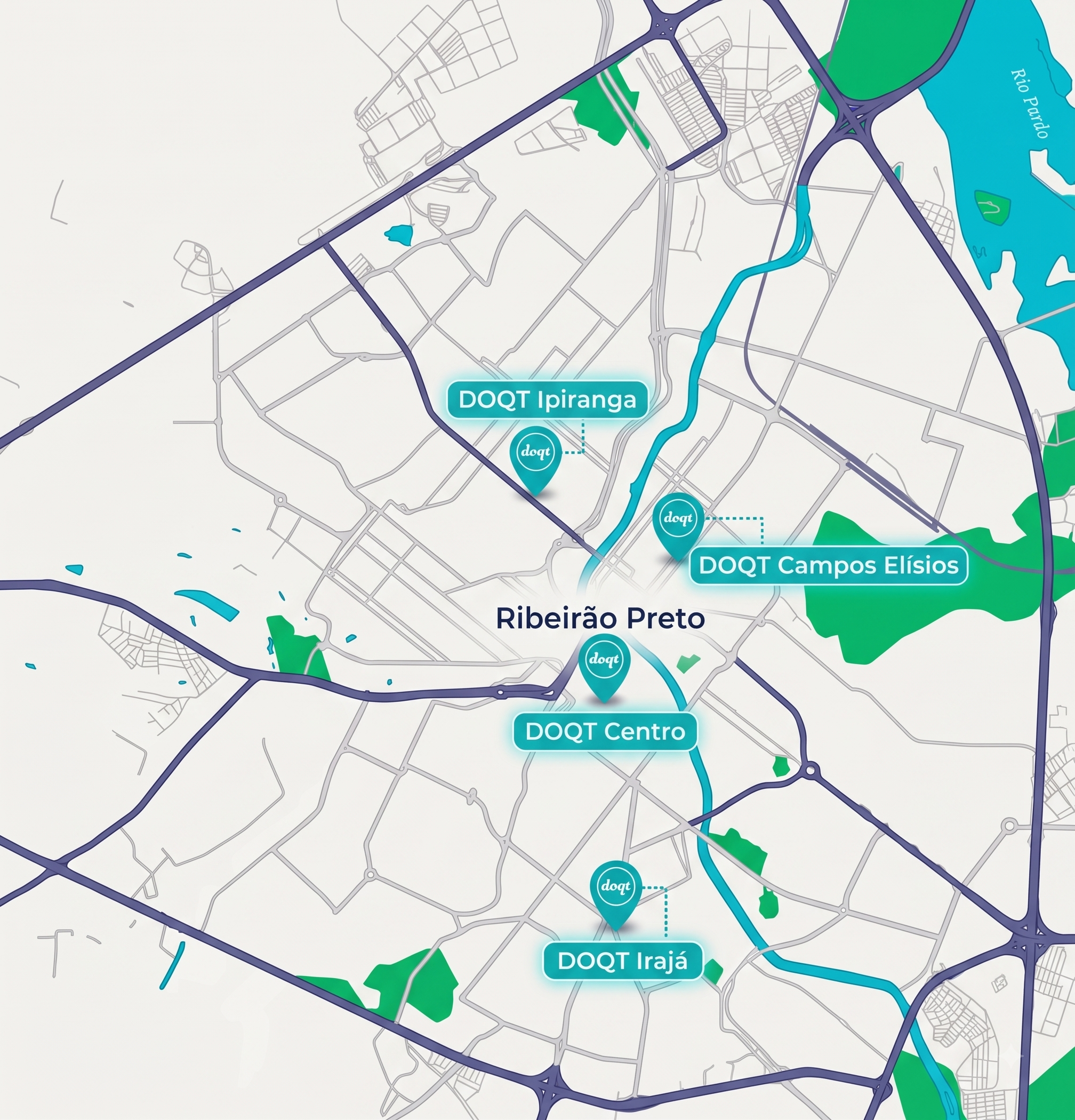 Mapa ilustrado com as quatro unidades doqt em Ribeirão Preto